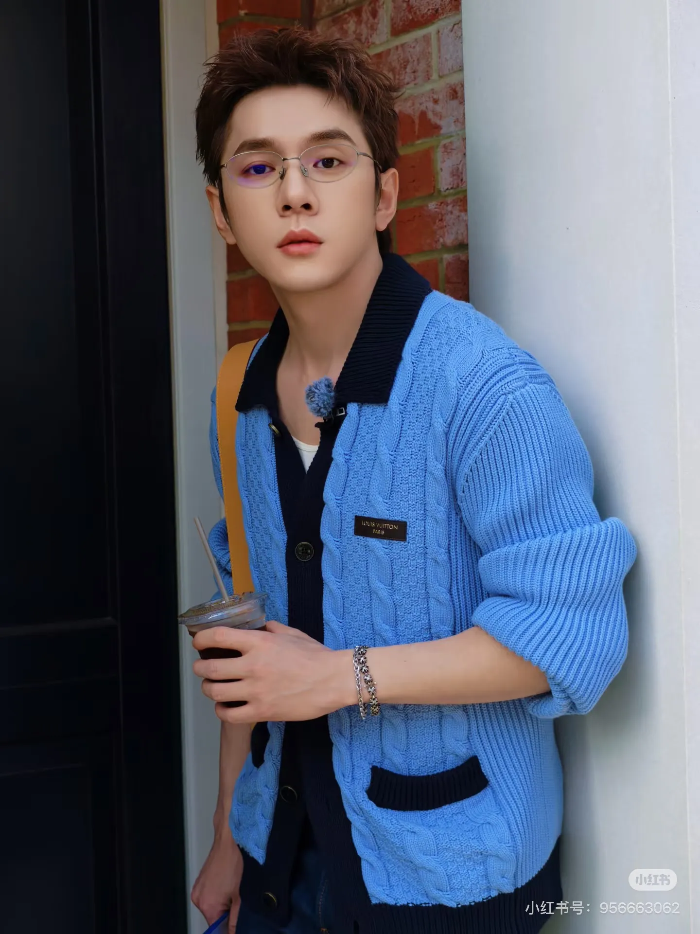 Louis Vuitton/Louis Vuitton leather label blue collar cable knit cardigan